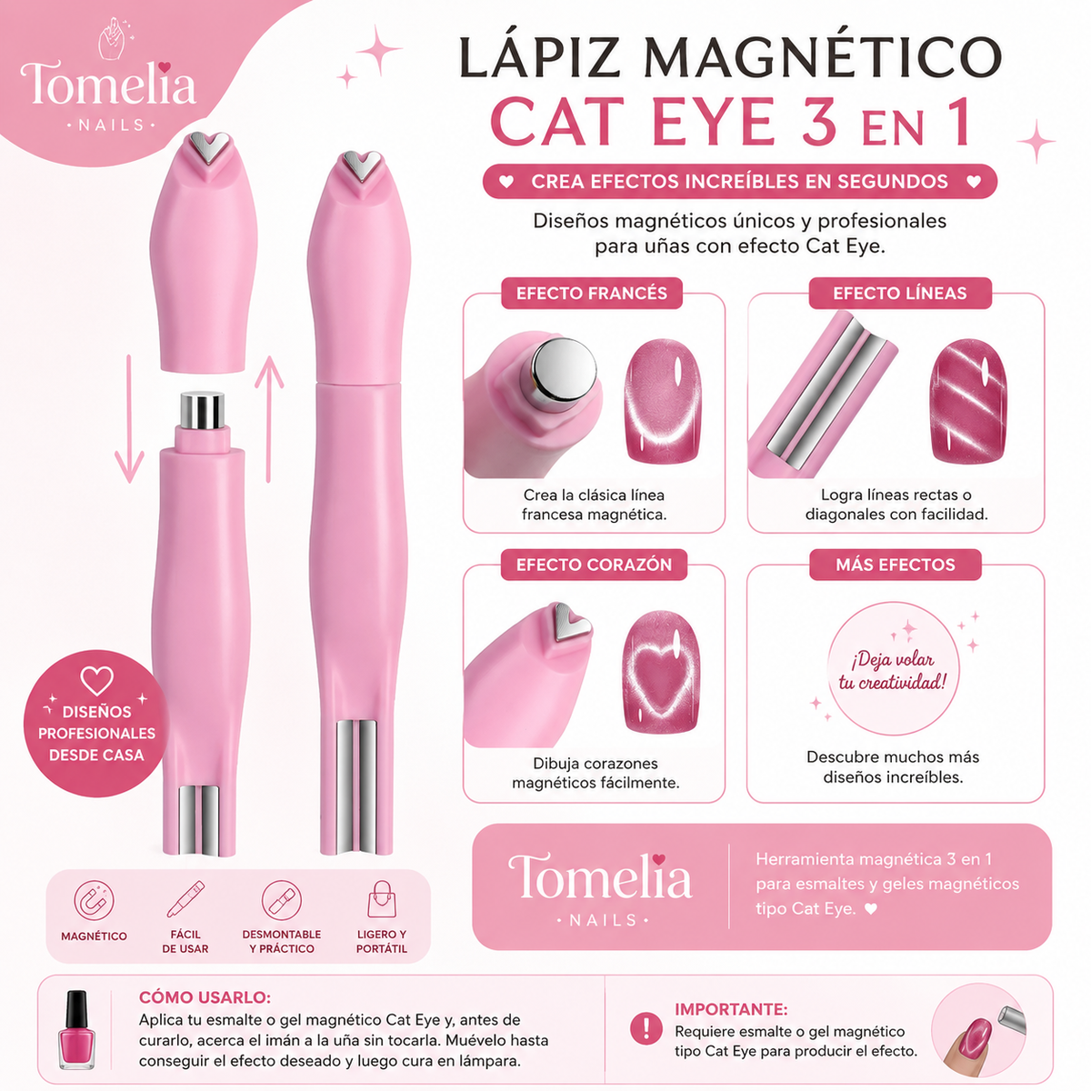 Lápiz Magnético Cat Eye 3 en 1 – Diseños de Uñas con Efecto Profesional