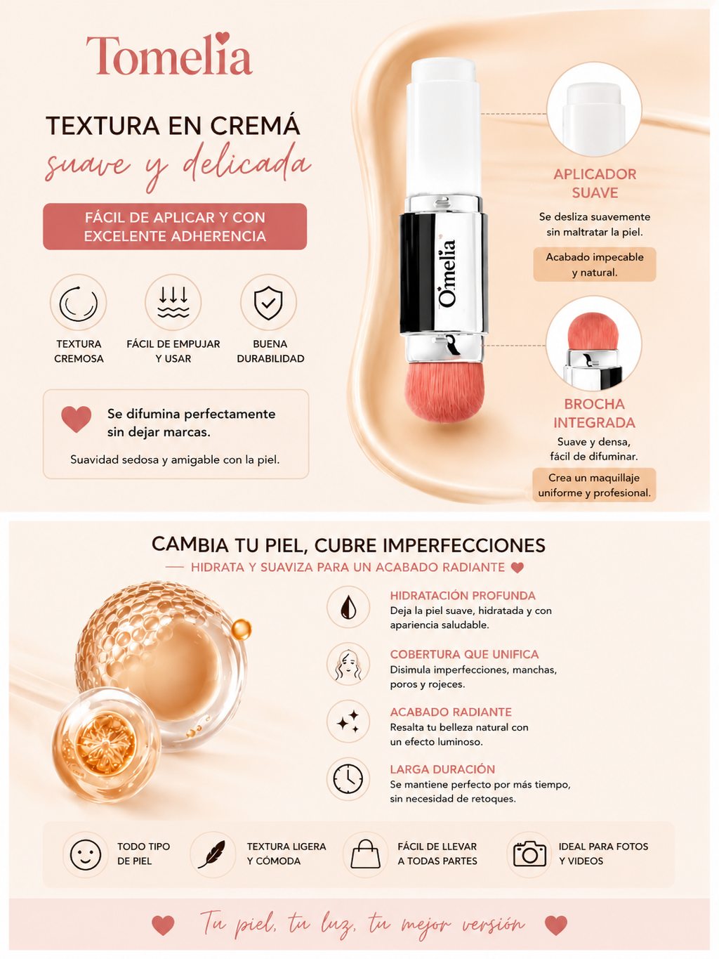 Perfect Cover Stick 2 en 1 - Base + Brocha Integrada