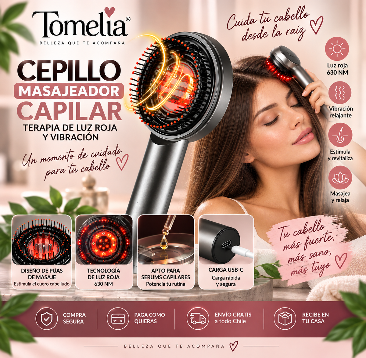 Cepillo Masajeador Capilar con Luz Roja y Vibración