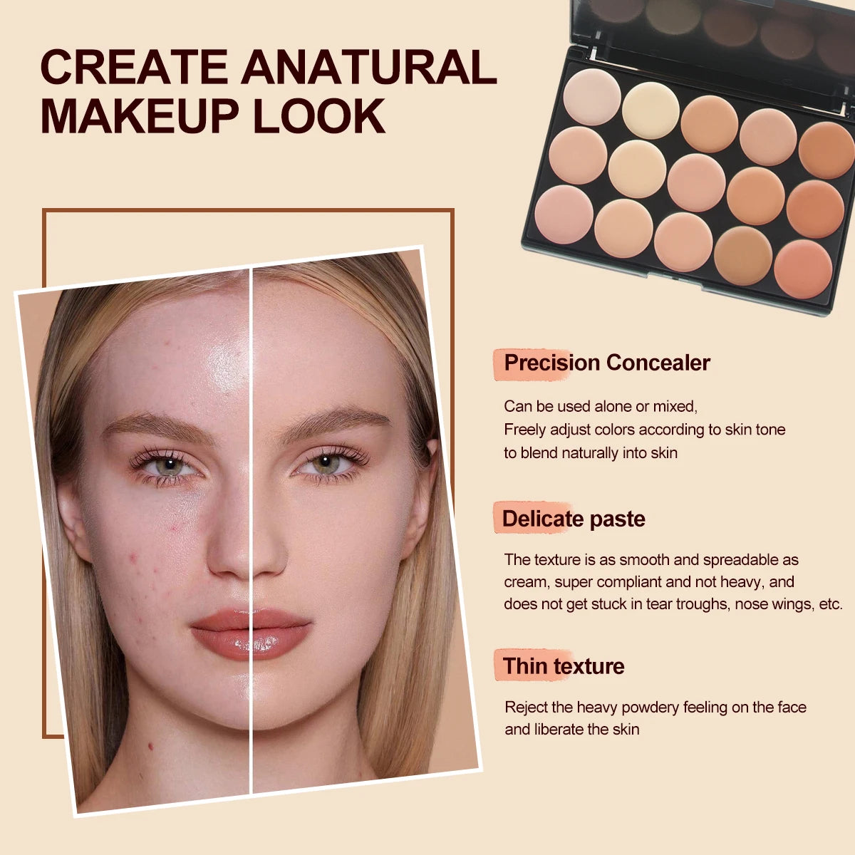 Paleta Correctora & Contorno 15 Tonos – Cobertura y Acabado Natural