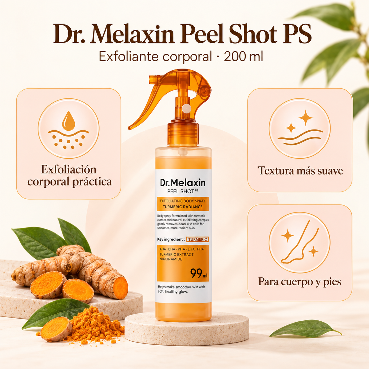 Spray Exfoliante Corporal Dr. Melaxin Peel Shot PS - Ácido Kójico y Cúrcuma, 200 ml