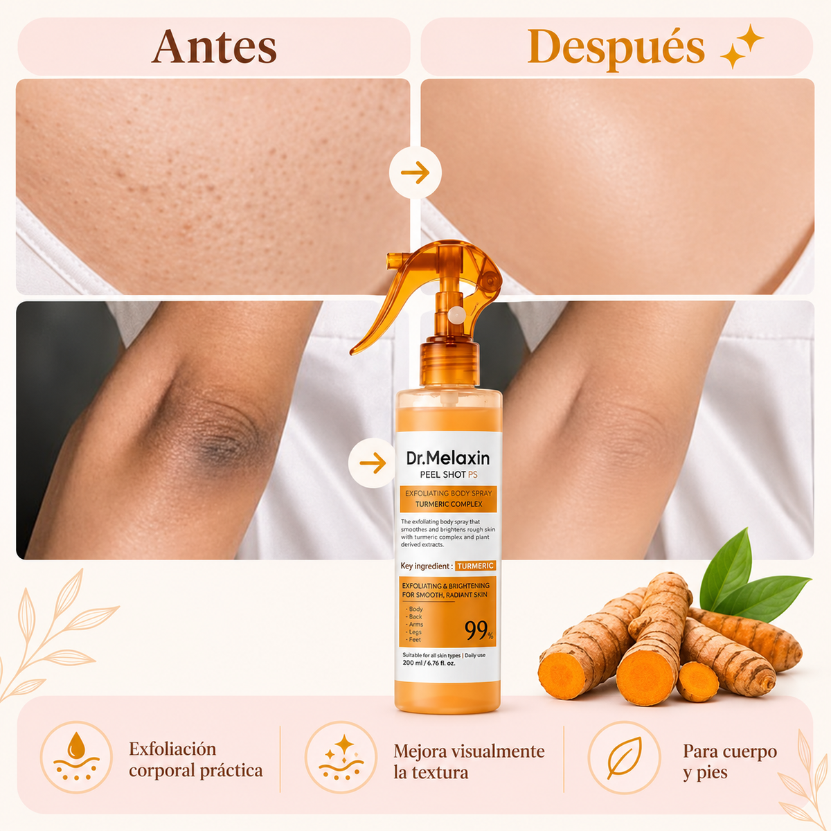 Spray Exfoliante Corporal Dr. Melaxin Peel Shot PS - Ácido Kójico y Cúrcuma, 200 ml